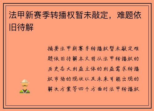 法甲新赛季转播权暂未敲定，难题依旧待解